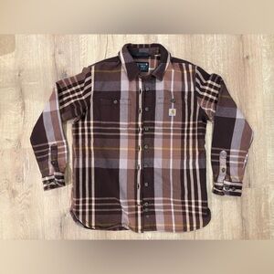 Carhartt Brown Plaid Flannel Heavyweight Button Up Size Small Loose Fit